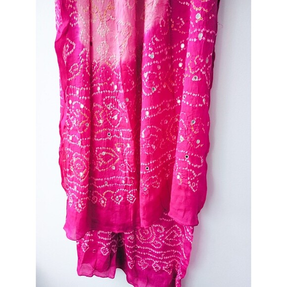 Silk Shawl Scarf Pink Magenta w/embellishments India Lightweight Wrap 87” long - Picture 6 of 7